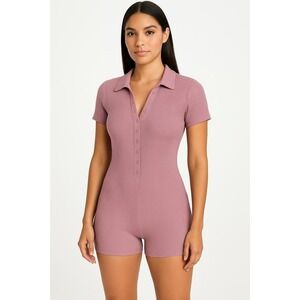 OQQ Romper Women's Size‎ Large Pink Casual Collared 9 Snap Button V-Neck Ribbed